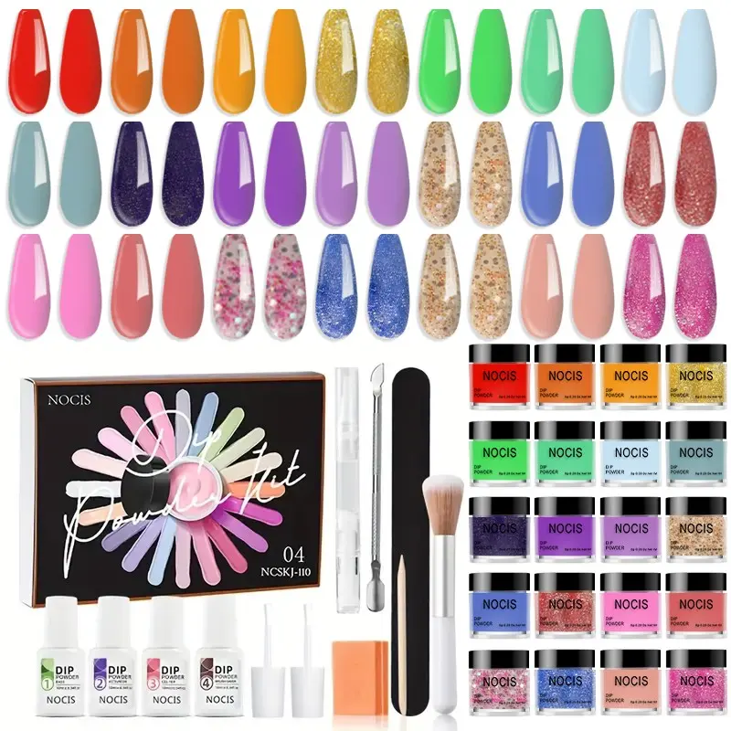 Nocis 20+4 Nail Dip Powder Kit, Rainbow Color Series, Complete Home Manicure Set, Bright Base Colors, Pastel Shades, Glitter Varieties