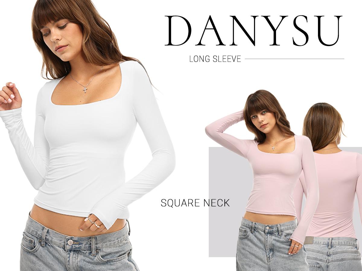 Danysu Double Lined Long Sleeve Tops with Built in Bra for Women Square Neck Nylon Basic Fitted Fall Shirts 2025