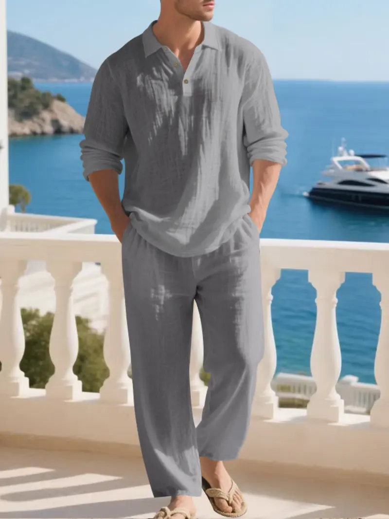 Men's Natural Linen Casual Set, Polo Neck Shirt & Loose Long Pants, Breathable Textured Fabric, Spring Summer, Versatile Men's Natural Linen Casual Set, Polo Neck Shirt & Loose Long Pants, Breathable Textured Fabric, Spring Summer, Versatile
