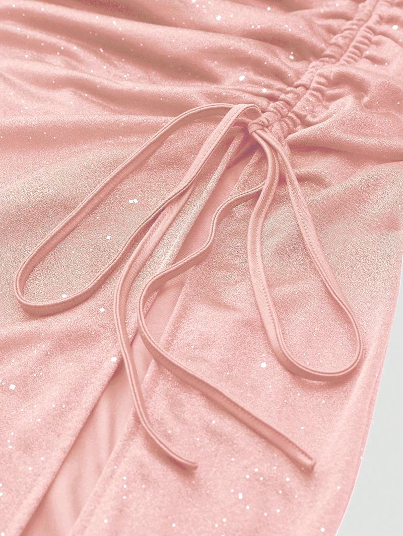 ZAFUL Women’s Sleeveless Glitter Ruched Bodycon Midi Dress with Slit – Sexy Summer Dress for Date or Party with Sparkly Fabric