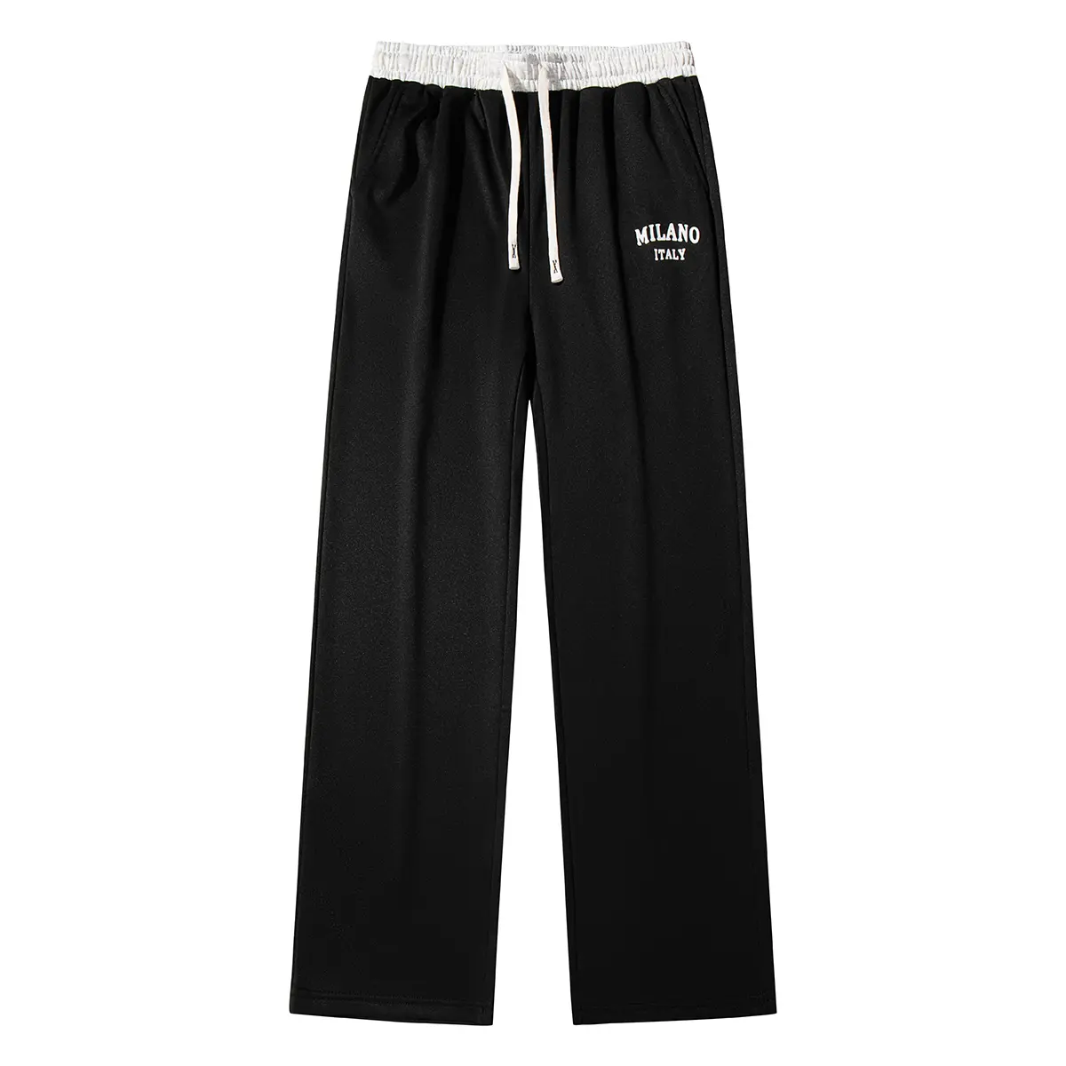 Logo Printed Men Wide‑leg Trousers, Comfortable Adjustable Drawstring Waist, Premium Soft Fabric Loose‑fit Casual Sweatpants, Available in classic black and grey, ideal for urban outings, weekend gatherings, daily errands and relaxed leisure‑time outfits