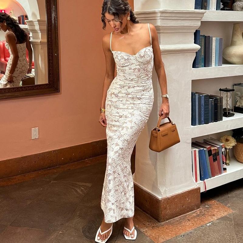 Women's Lace Panel Back-Split Sleeveless Bodycon Slip Long Dress, Solid Color Party Club Holiday Dress, Formal Wear
