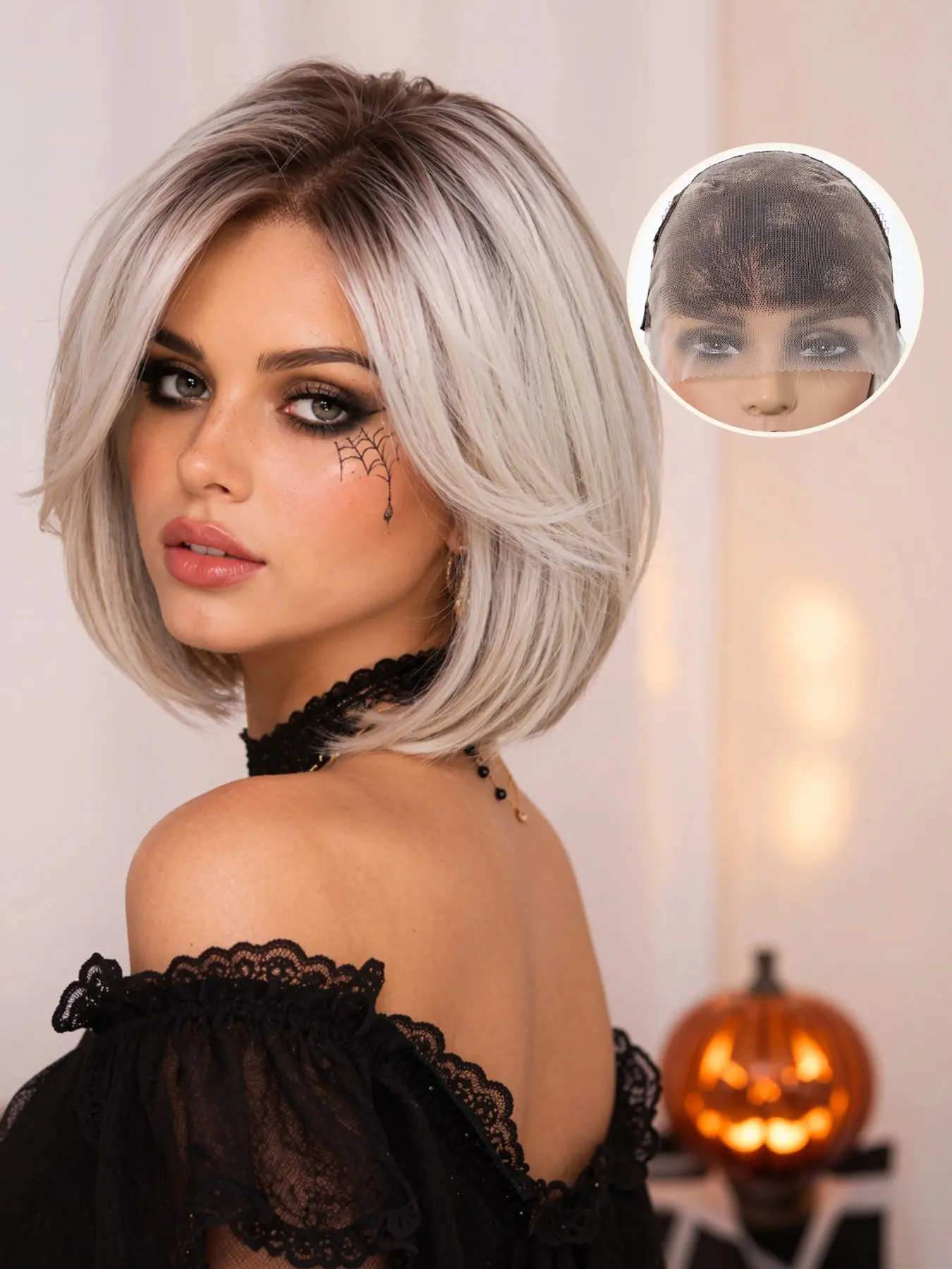 Topshe Halloween Wig, Gold Short Bob, Spider Queen Gothic Lolita Cosplay, Pre-Cut Lace, No Glue, Quick Wear, Multiple Colors Available