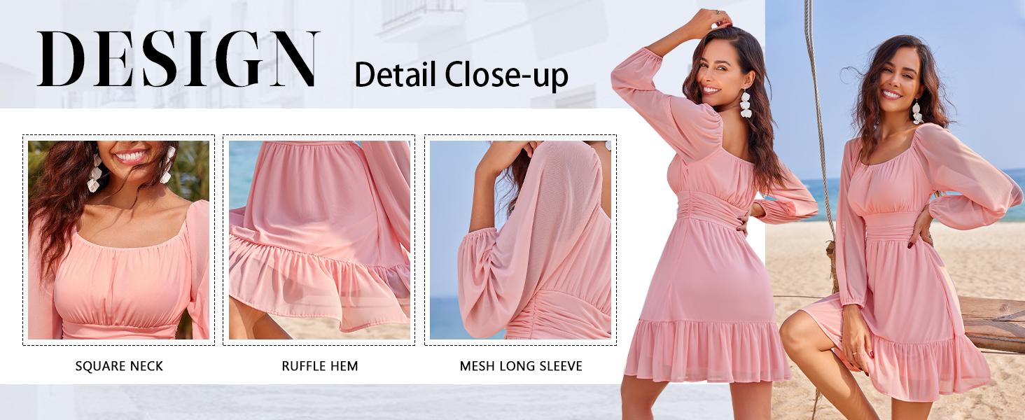 Wenrine Women's Mesh Long Sleeve Square Neck Dress High Waist A Line Ruffle Hem Flowy Casual Party Mini Dress