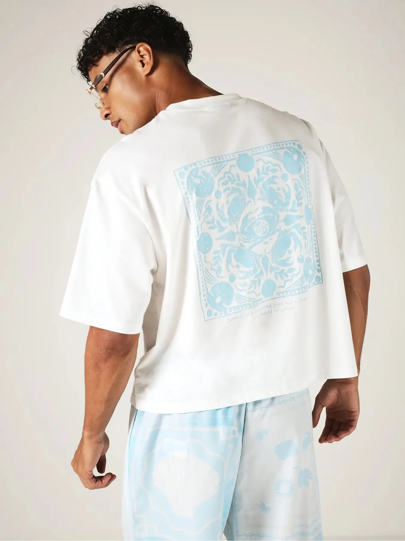 Mens Light Blue Sea Creature Graphic T Shirt Bandana Style Square Back Print Cropped Short Sleeve Tee
