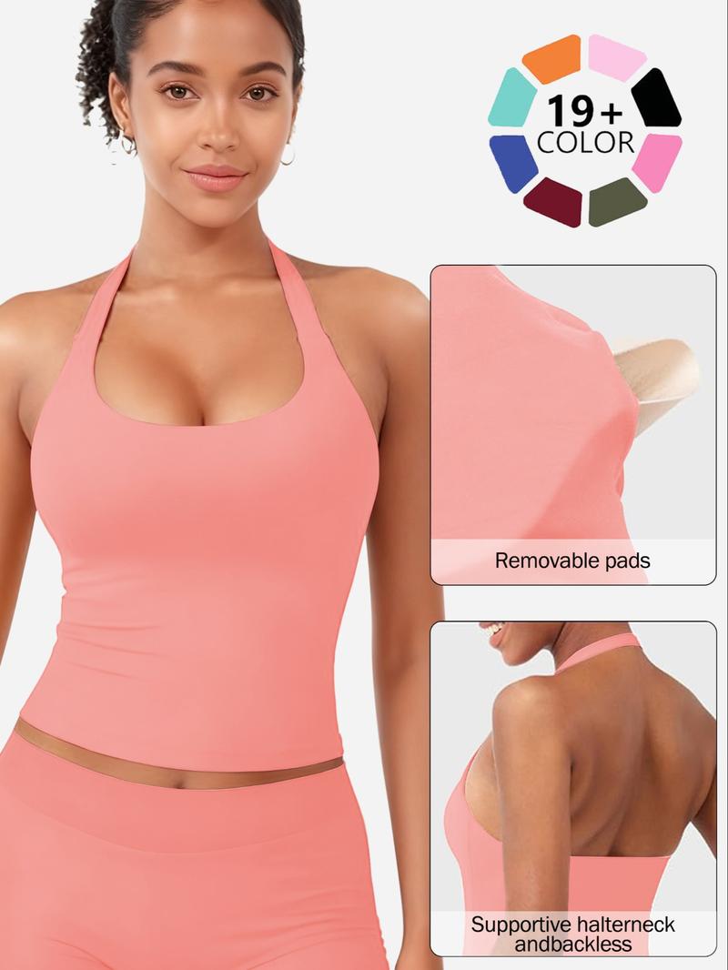 Women's Solid Removable Chest Pad Sports Tank Top, Casual Comfort and Durability Halter Neck Sports Top for Yoga Gym Workout, Ladies Sportswear for All Seasons, Backless Sports Vest
