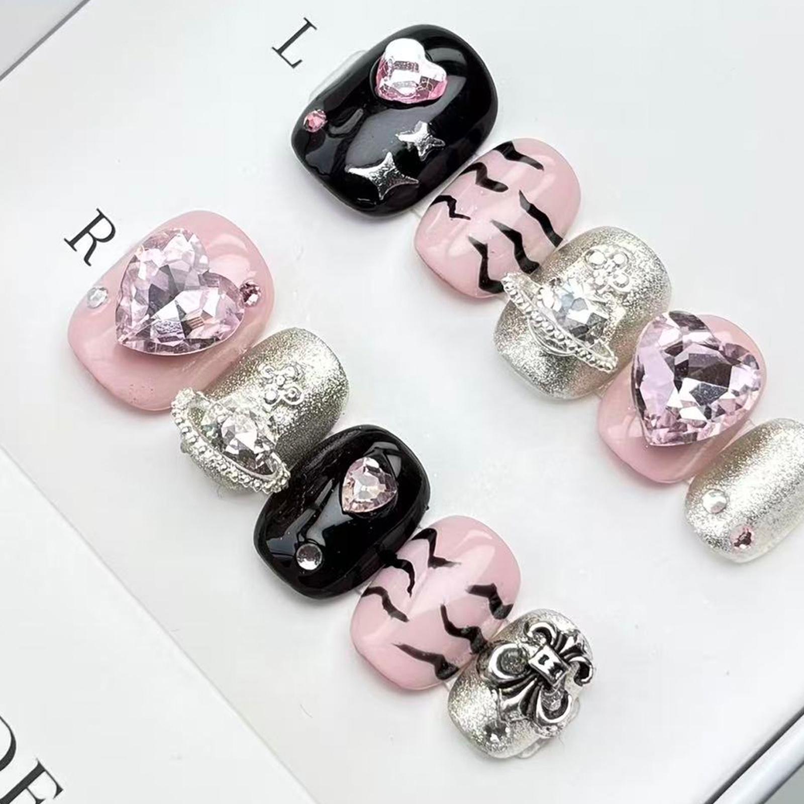 Luxury Nail Freedom! Black Pink Edgy Exquisite Hand-Painted Heart Diamond Press On Fake Nails, Get Baddie Nails In 5 Mins, No Salon Needed