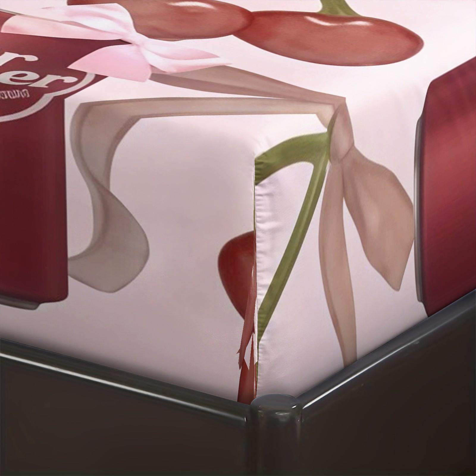 3 Piece Dr Pepper Cherry Fitted Sheet Set, 1 Fitted Sheet + 2 Pillowcases, Retro Soda Drink Pink Bow Bedding, Cute Girly Bedroom Decor for Soda Lovers, Ideal Gift for Dr Pepper Fans