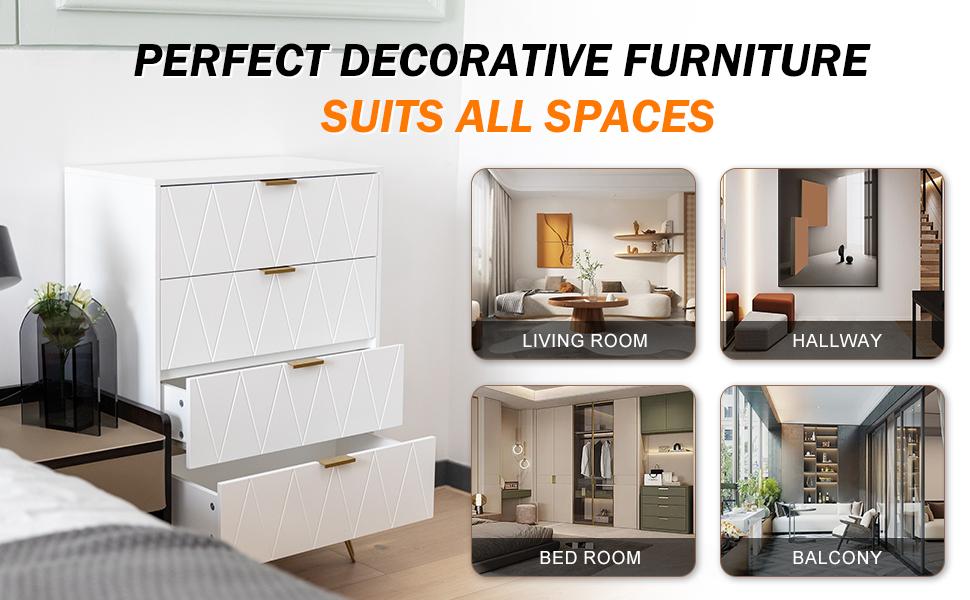 UEV 4 Drawer Dresser White with Gold Handles, Drawer Chest Tall Storage Dresser Cabinet Organizer Unit with Gold Metal Legs for Bedroom, Living Room