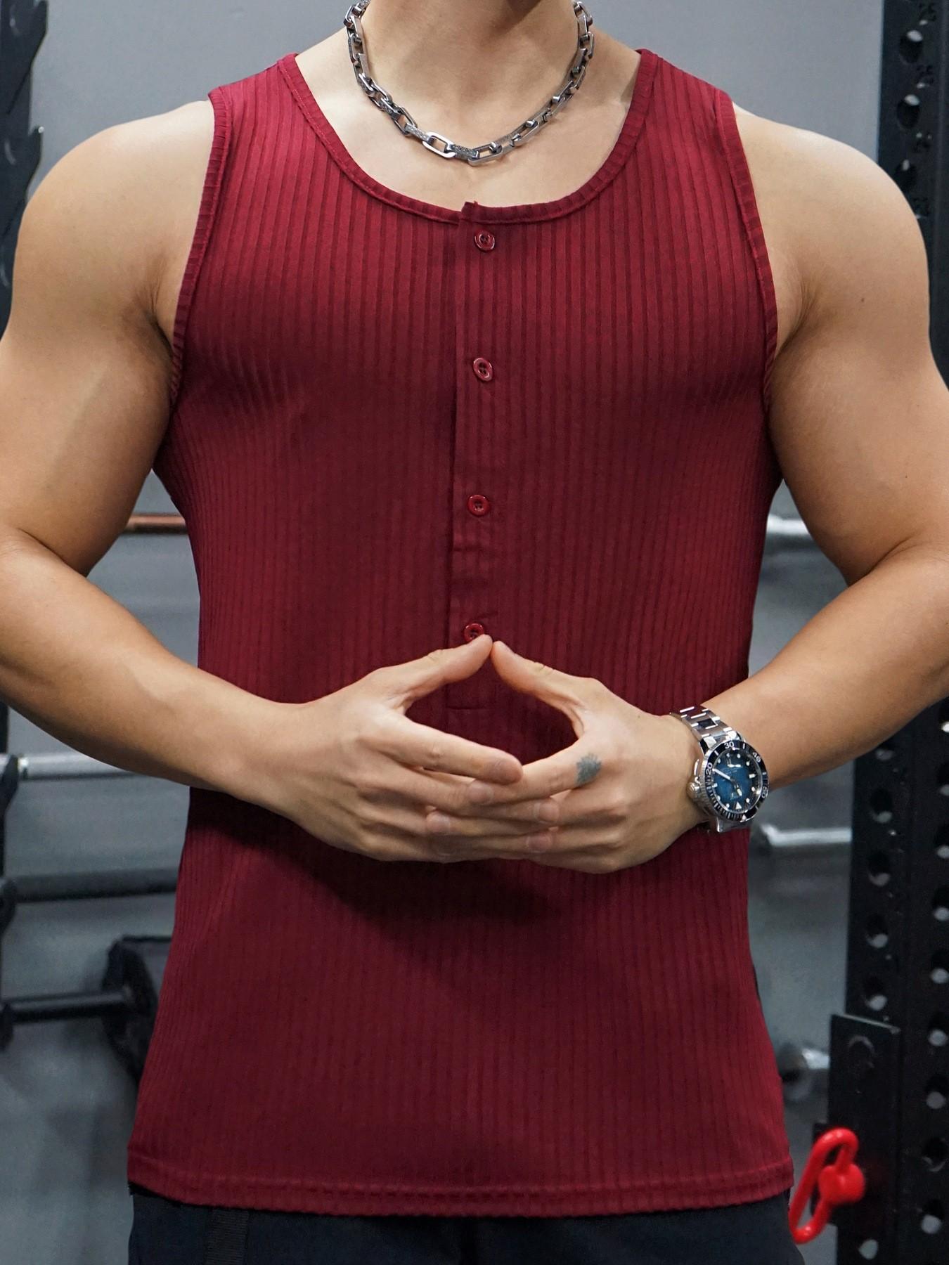 Men's Vertical Striped Ribbed Tank Top, Elastic Sleeveless Henley Shirt, Perfect for Casual and Sports Occasions, Comfortable and Stylish, Athletic Undershirt