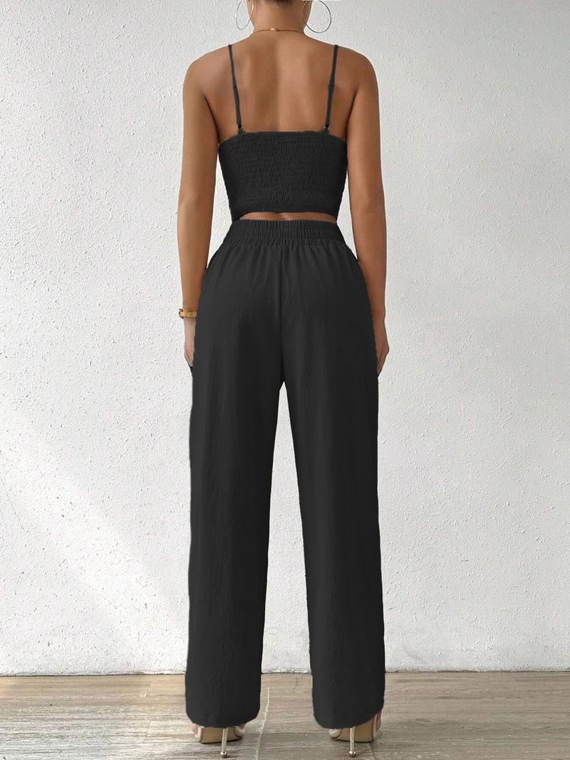 Women's Solid Crop Cami Top & Wide Leg Pants Two-piece Set, Casual Comfy Two Piece Outfits for Daily Wear, Ladies Clothes for All Seasons