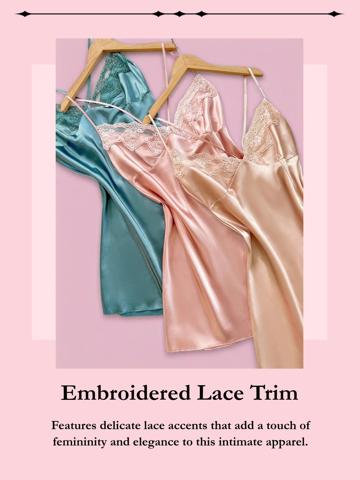 Women's Embroidered Lace Trim Sexy Sleeveless Sleepwear Set, Silky Tempting Three-Piece Nightgown, Comfortable Fashion Sleeping Clothes