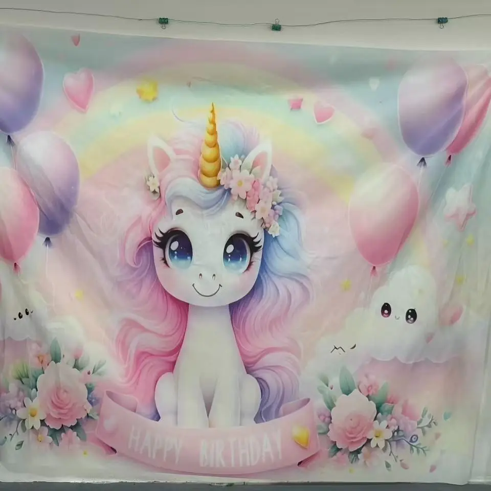 Unicorn Birthday Party Backdrop, Polyester Fiber, No Power Needed, Outdoor Celebration Decor, Indoor/outdoor Use, Magical Decoration, Happy Birthday Backdrop