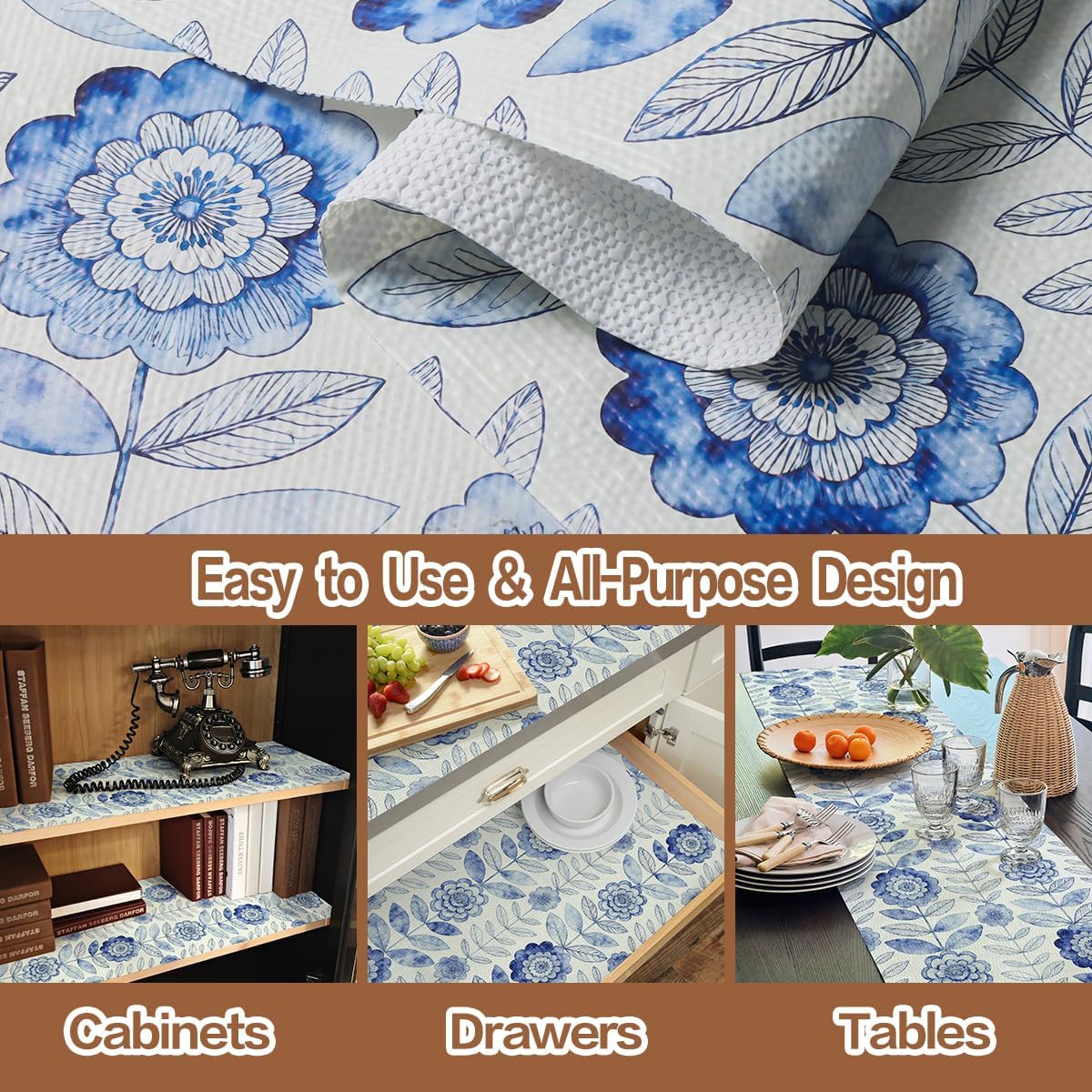 Drawer and Shelf Liner for Kitchen Cabinets Non-Adhesive | Floral Shelf Liner Non-Slip  Blue Flower Drawer Liner for Cupboard Shelves Easy to Clean Cabinet Liner 12IN×10FT