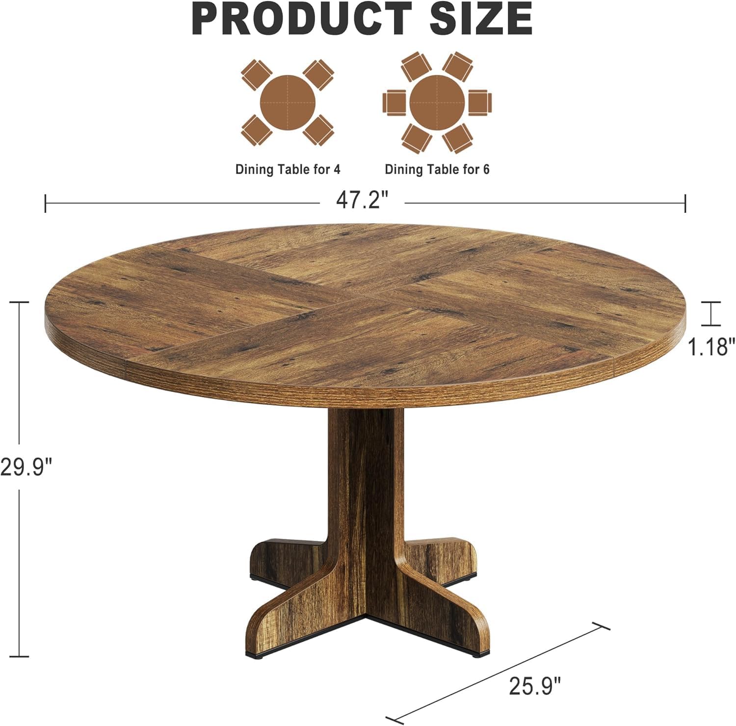 47" Round Dining Table for Small Spaces - Solid Oak Base, Space Saving Kitchen Table for Apartments & Breakfast Nooks (Table Only)