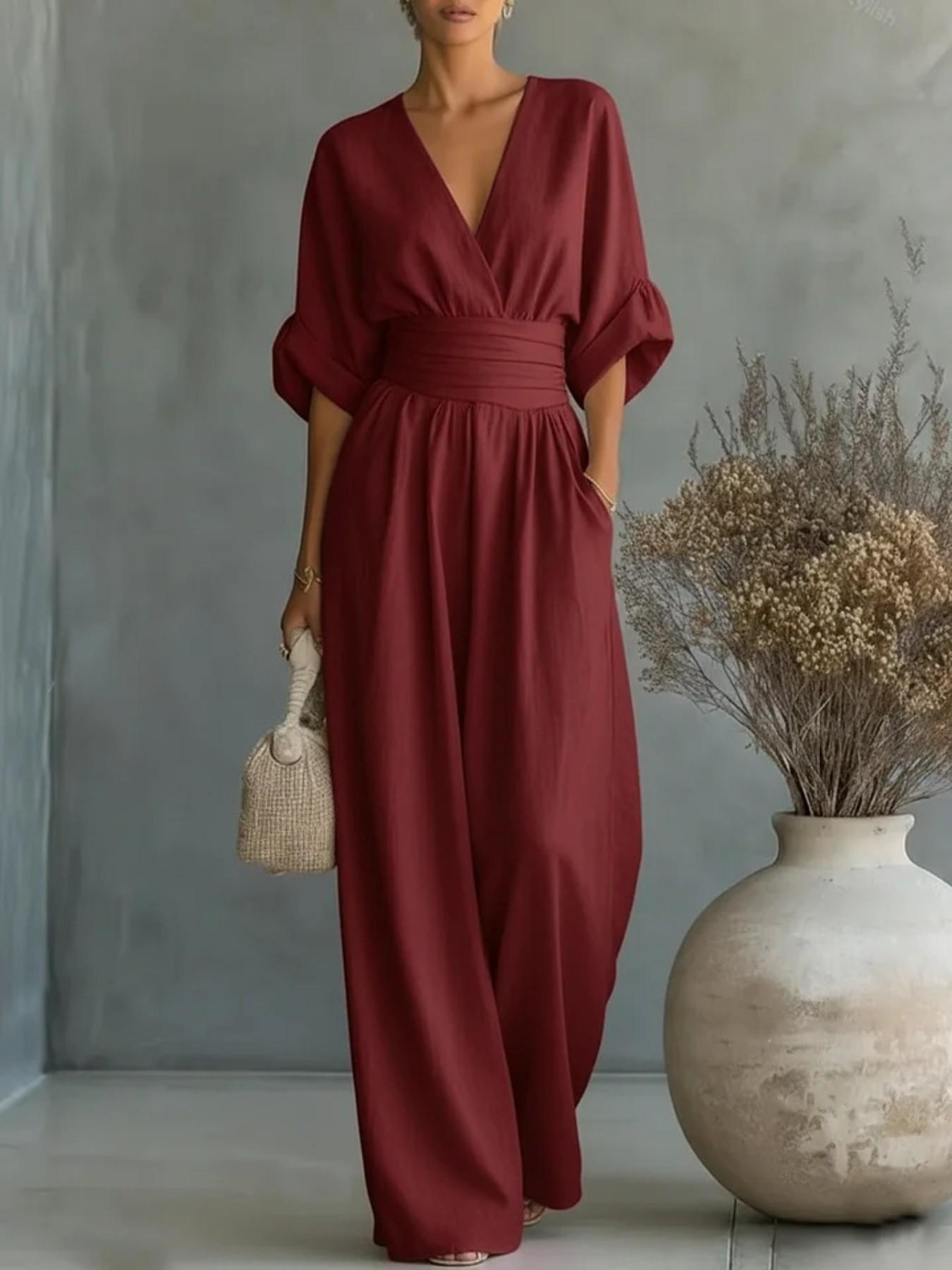 Women's Fashion Solid Color Short Sleeve V Neck Bodycon Pants, Comfortable Soft Fabric, Multi Colors, Casual Office Vacation Style, Casual Jumpsuits, Womenswear