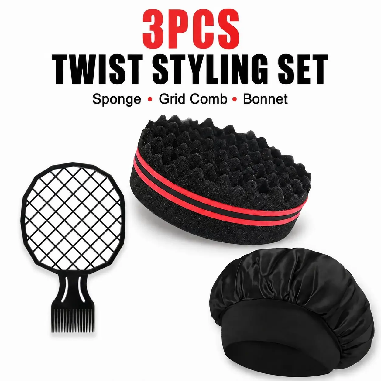 Twist Styling Set: Includes a twist sponge, a mesh hair pick, and a hair-protecting sleep cap; designed to create defined twist textures, boost root volume, and style spiral curls, while also addressing nighttime hair care needs.