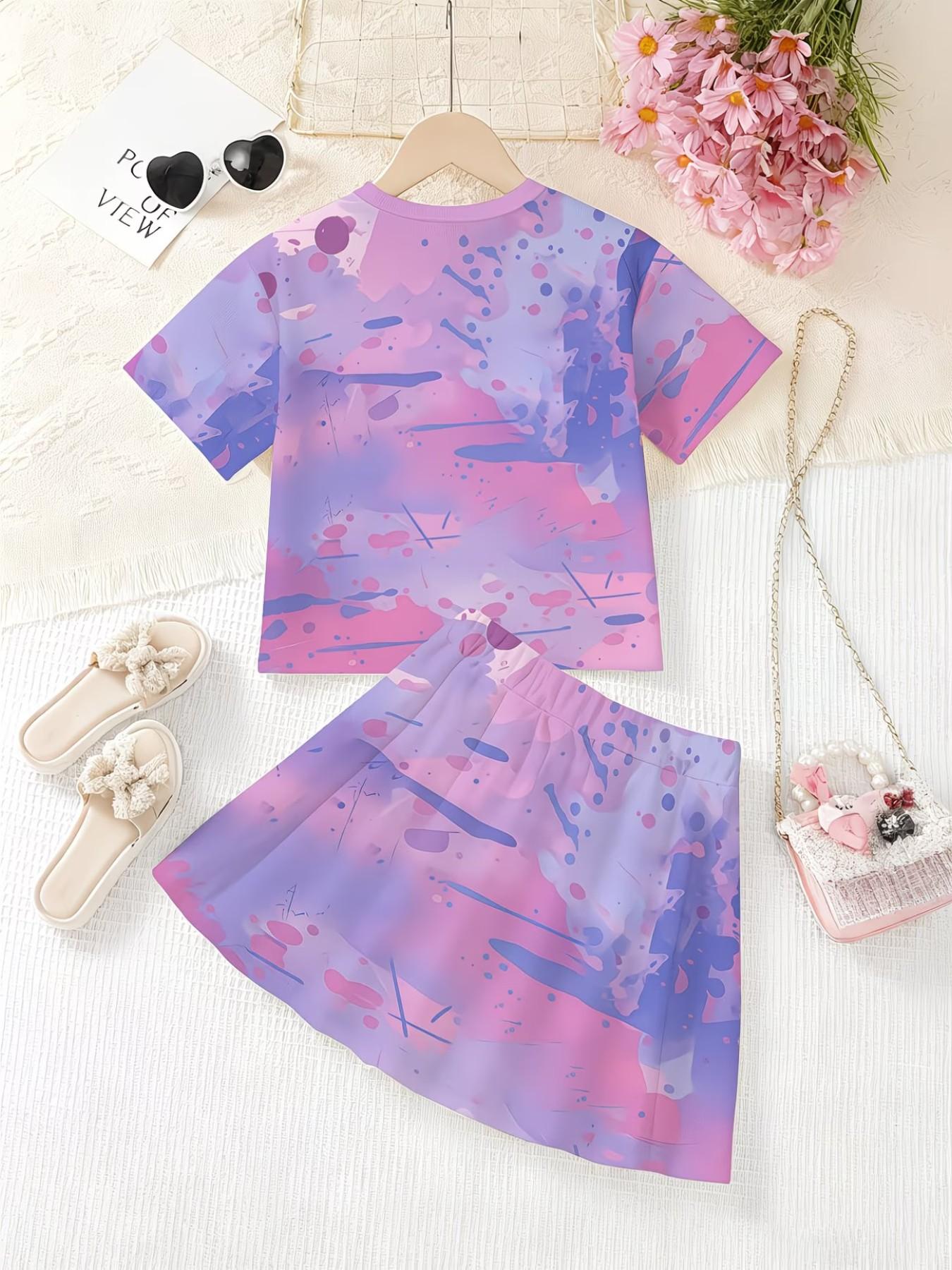 Girls' 3D Cartoon Print Top and Skirt Set, Casual Slim-Fit Summer, Round Neck Short Sleeve, Daily Wear for Kids