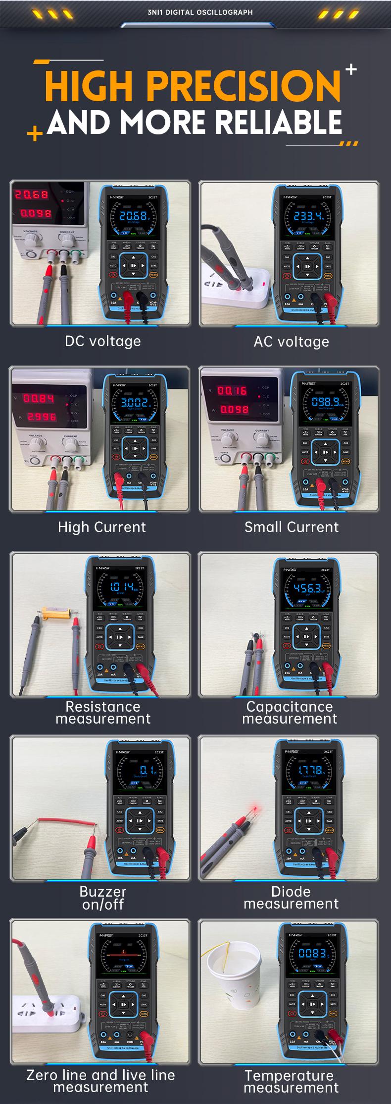 FNIRSI 2C23T 3 in 1 Handheld Oscilloscope Multimeter DDS Generator  2 Channels  10MHz Bandwidth  50MSa/s Sampling Rate  10000 Counts  Voltage  Current  Capacitor  Resistor  Diode Test