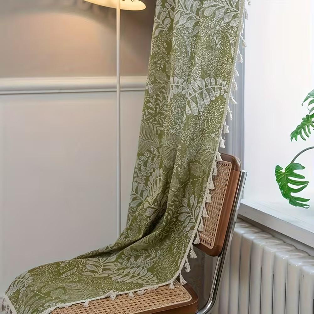 1pc Olive Plant Print Curtain, Cotton Linen Texture, Fringe Edge, Living Room Bedroom Balcony Floor-To-Ceiling Decorative Curtain