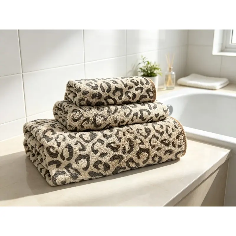 3pcs luxury high quality bath towel, hand towel, and face towel, each one, ultra soft microfiber material, quick drying and highly absorbent, lint free and fluffy, new leopard print design