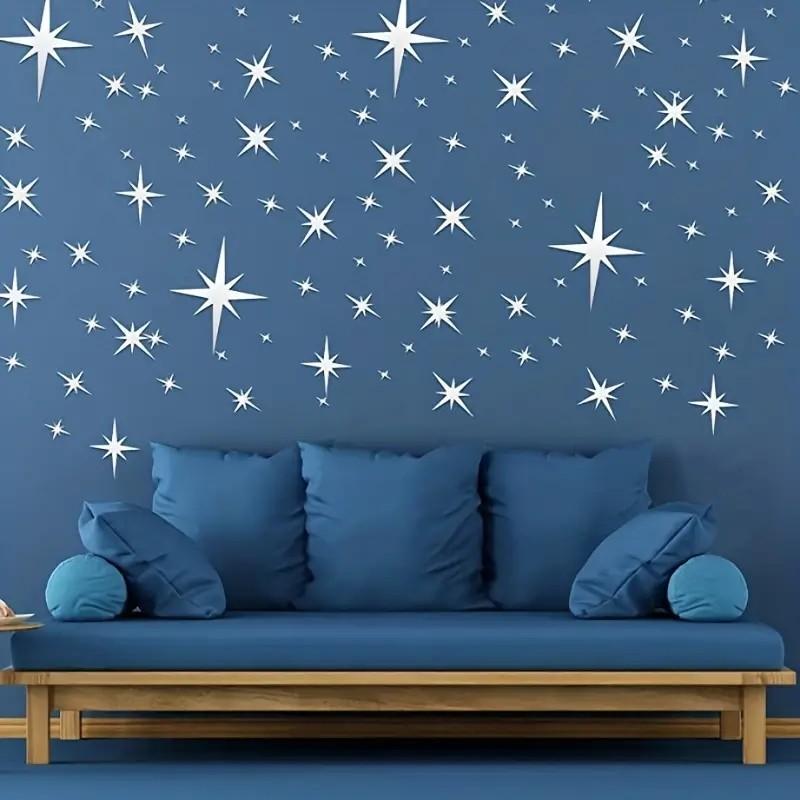 82 Piece 3D Acrylic Star Mirror Wall Stickers, Detachable Self-Adhesive Decorative Decals, Ceiling Bedroom Living Room Girl's Room, /silver Color