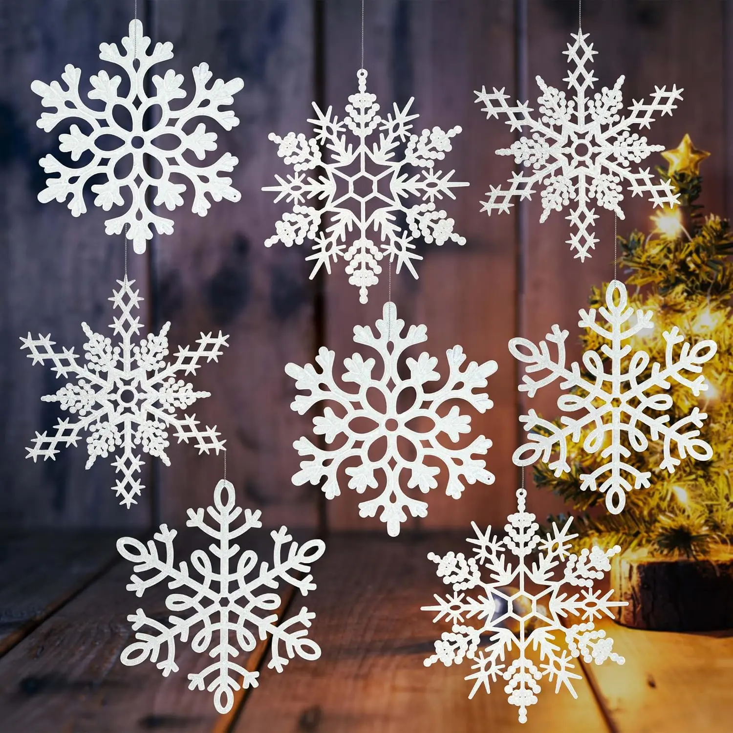 Large Snowflakes Ornaments for Outdoor Indoor Christmas Tree Decorations | 8 count, 12", plastic, big, giant, glitter, white, shatterproof, for window, porch, room winter decor