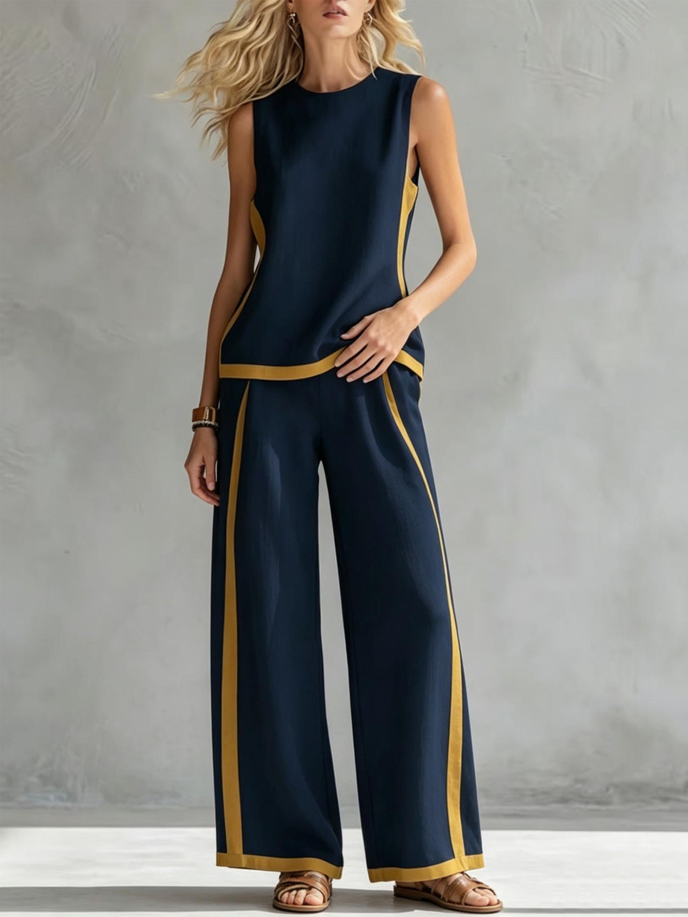 Women's Casual Loose color blocked sleeveless wide leg two-piece set, Colorblock casual set, with breathable surface suitable for commuting, daily wear. Multiple colors available