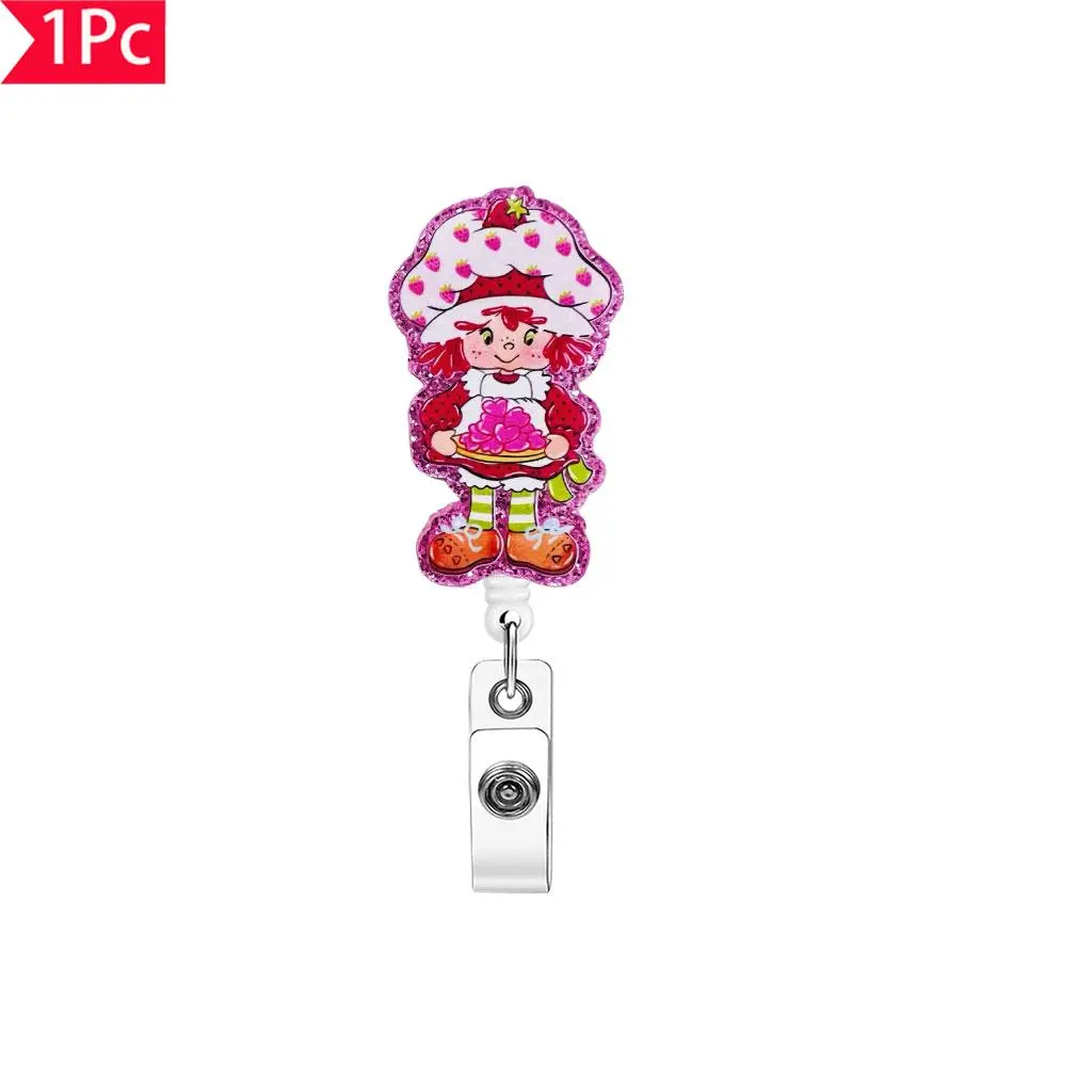 Pink Glitter Vintage Strawberry Shortcake Retractable Badge Reel, Retro Cartoon Strawberry Girl Holding Berry Plate Acrylic ID Badge Clip, Nostalgic Gift For Nurse Teacher Cartoon Lovers Coworker