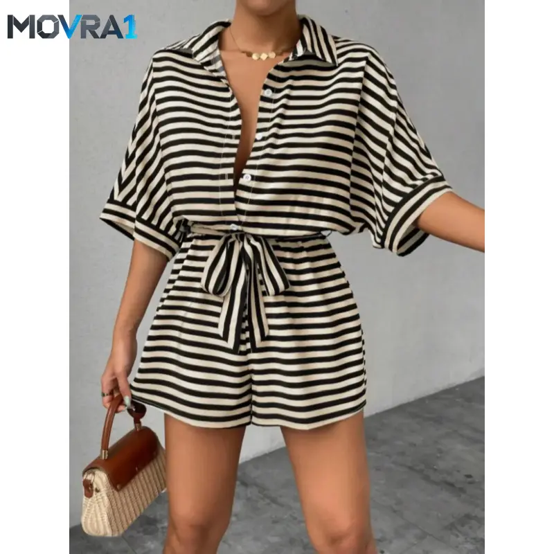 MOVRA1 French Striped Shirt Dress Shorts Women, Womenswear, Turn-Down Collar Button Front Waist Tie Adjustable Loose Short Sleeve Casual Romper, Effortless Playsuit, Casual Comfy Jumpsuit, Casual Jumpsuits, Jumpsuit Rompers