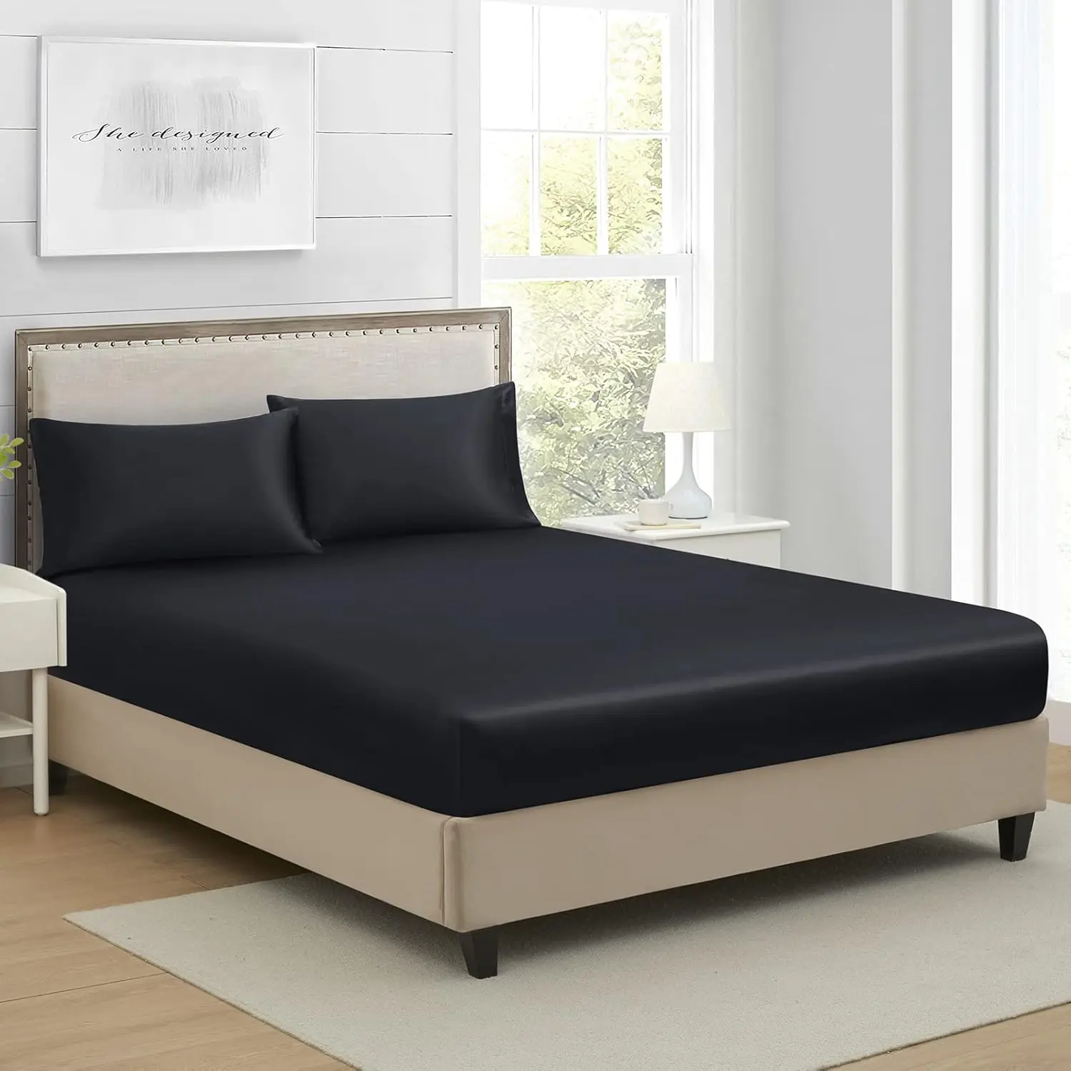 Queen Size Silk Satin Fitted Single Sheet, Soft Deep Pocket Bottom Bed Sheet Sold Separately, Wrinkle-Free, Non-Fading, Breathable, Fully Elasticized (Black)