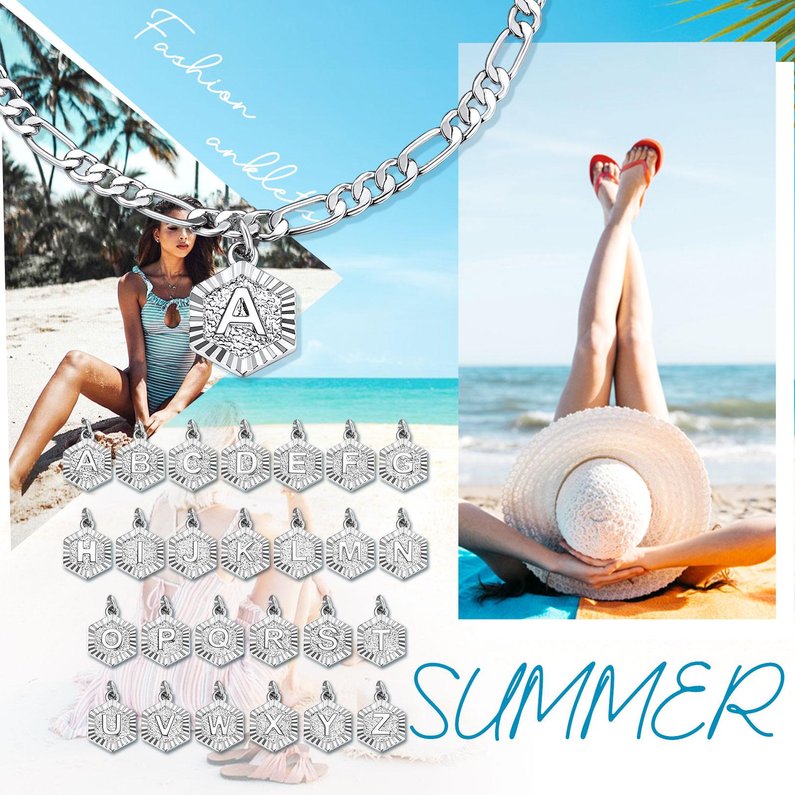 U7 Figaro Chain A-Z Initial Pendant Adjustable Anklet For Summer