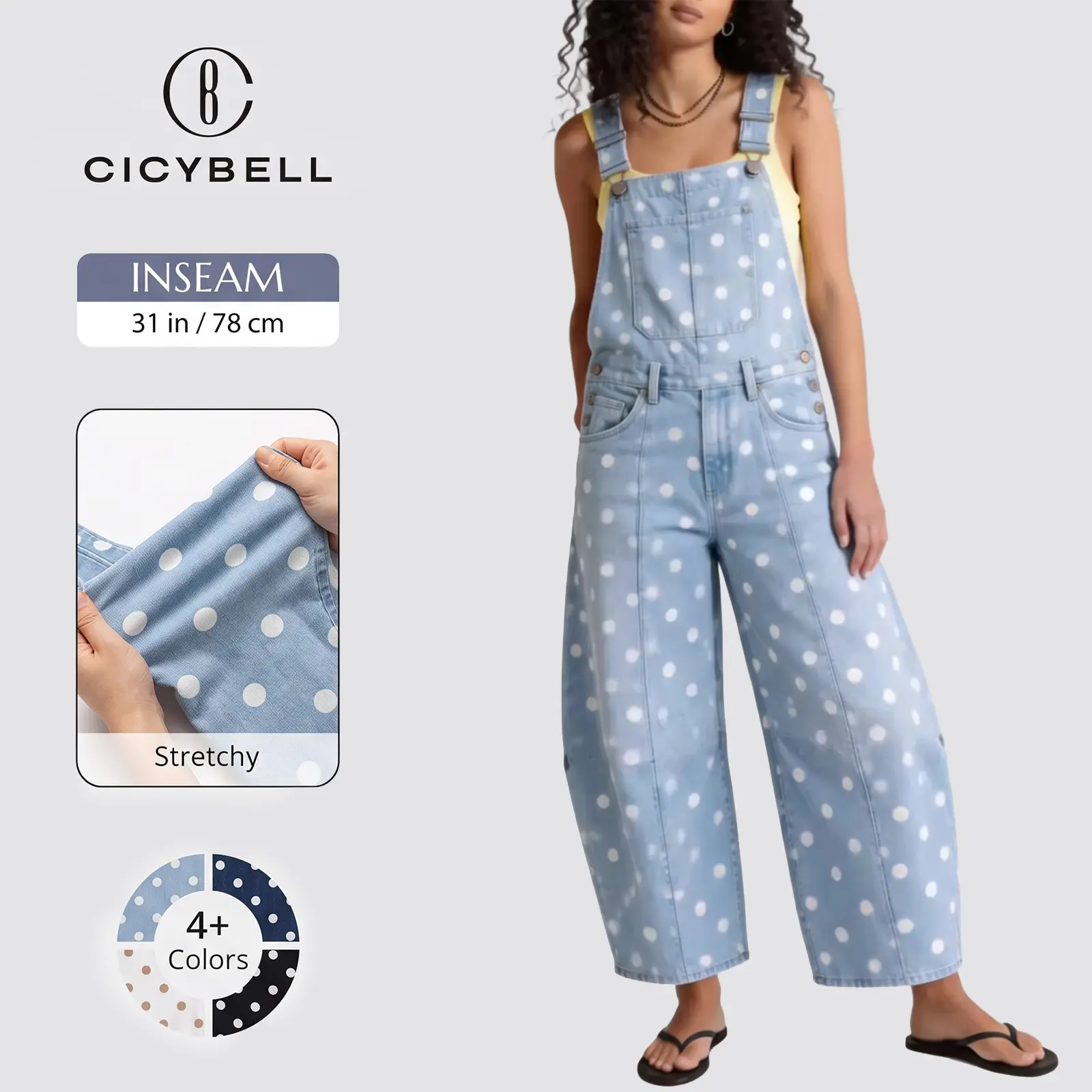 Cicy Bell Women's Polka Dot Bib Denim Overalls Barrel Wide Leg Jean Jumpsuits