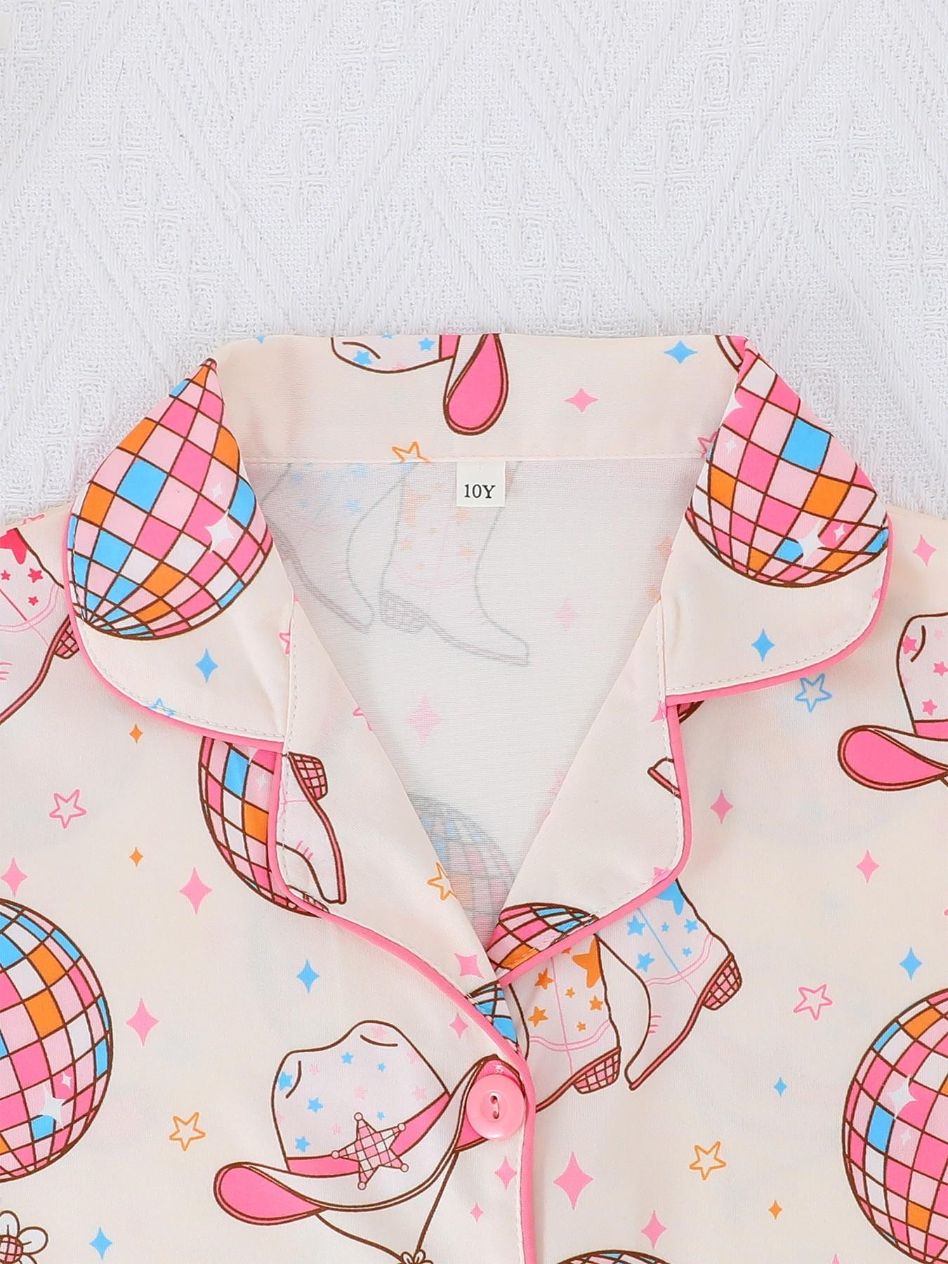 2-Piece Kids' Fire-Resistant Pajama Set, Short Sleeve Button Front, Cartoon Pattern, Loose-Fit, All Seasons, Boys & Girls