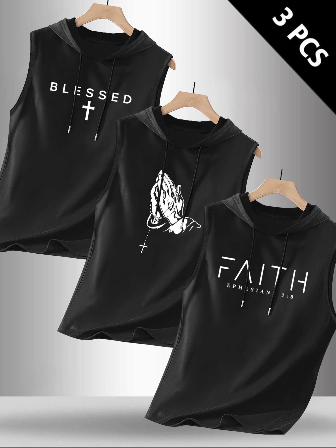 Men's 3-Pack Christian Faith Sleeveless Hooded Tank Tops, Blessed Cross Praying Hands Print Workout Vests, Religious Streetwear #ChristianApparel #FaithWear #MensGymWear #SleevelessHoodie #TikTokMadeMeBuyIt