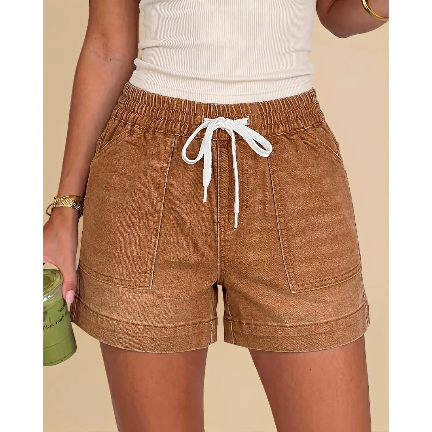 Women's High Waisted Stretch Denim Shorts Drawstring Elastic Waist Pull On Jean Shorts with Pockets