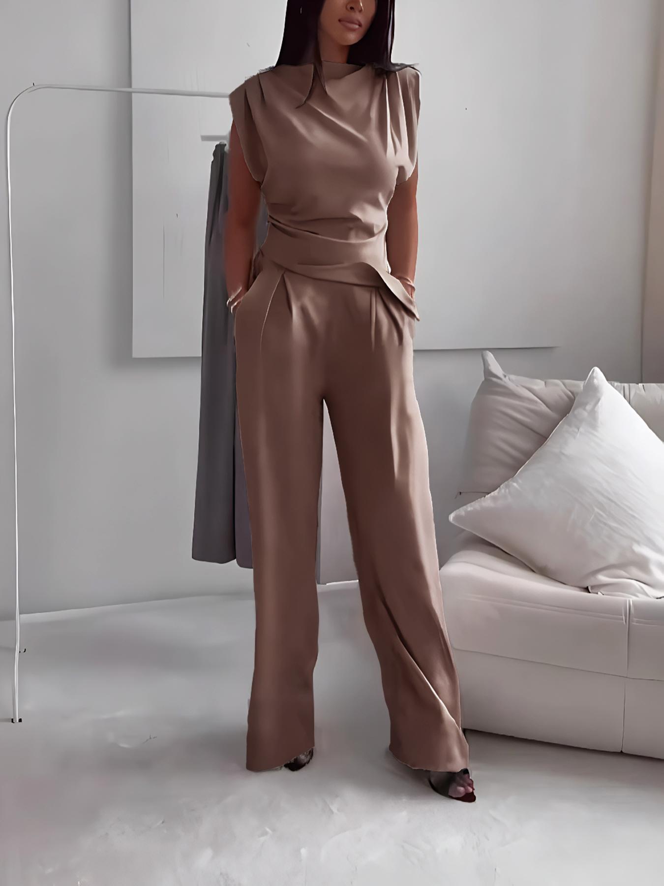 Women's Plain Elegant Asymmetrical Hem Sleeveless Top Long Pants Set, Stylish Casual for Daily Wear, Comfortable, Trendy and Slim