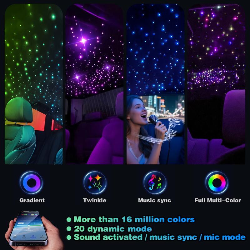 1000pcs*0.02in *6.5ft Fiber Optic Car&Home Headliner Star Light Kit,Roof Ceiling Lights,Color-Changing, App+24 Key Remote Control, Static 15 Color And Rgb Light Change, Fade, Jump, Spark And Adjust Brightness, Mode Speed Adjustment,Interior Led Vehicle