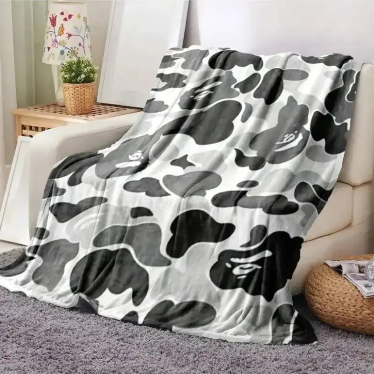 BAPE ABC Camo Shark Streetwear Throw Blanket, Soft Cozy Plush Flannel Fleece Bed Blanket for Kids Teens Adults, Lightweight Warm Blanket for Couch Sofa Bedroom & Dorm Room Decor, Hypebeast Birthday & Holiday Gifts