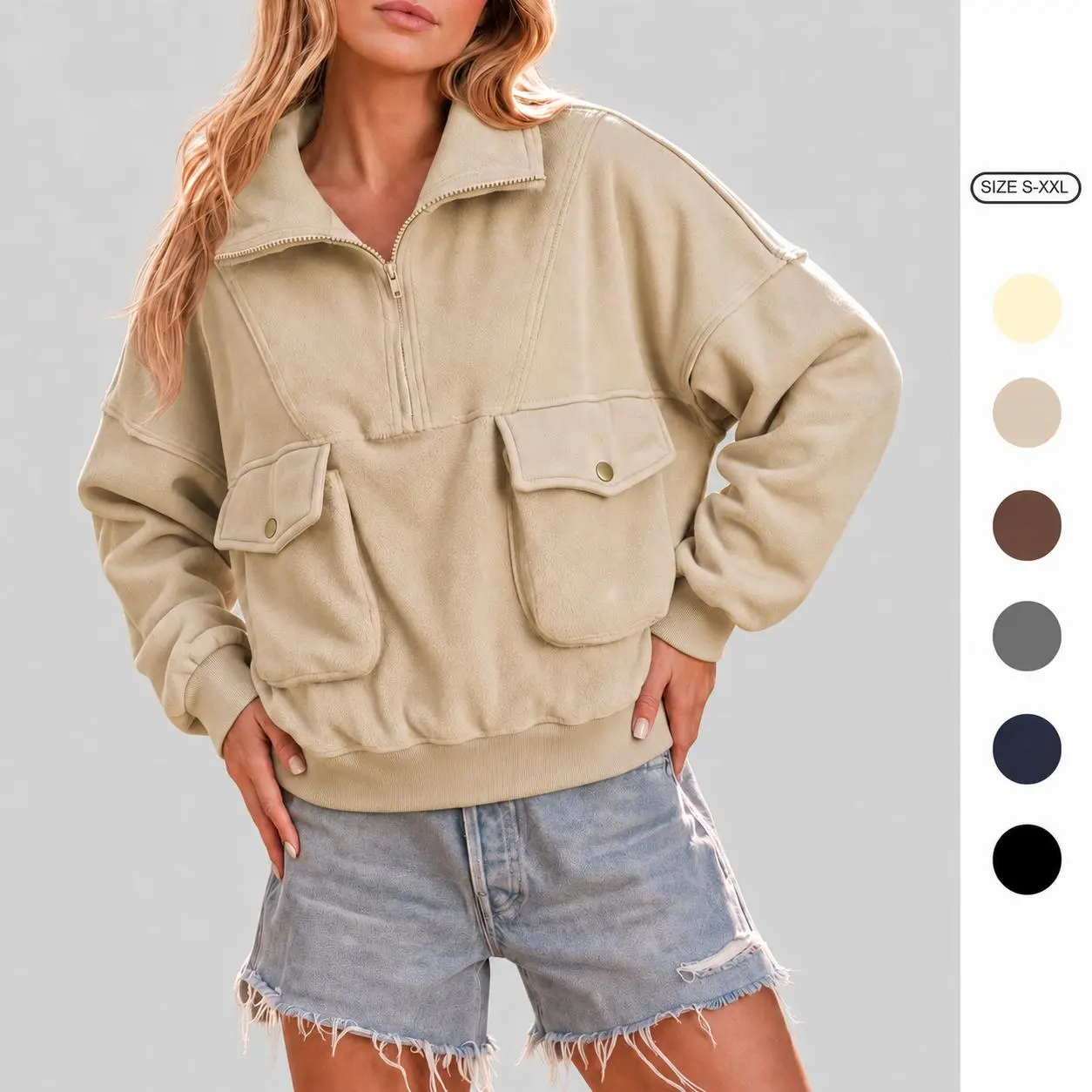 Imily Bela Half Zip Cropped Fleece Sweatshirt Women Long Sleeve Pocket Pullover Casual Fall Warm Top