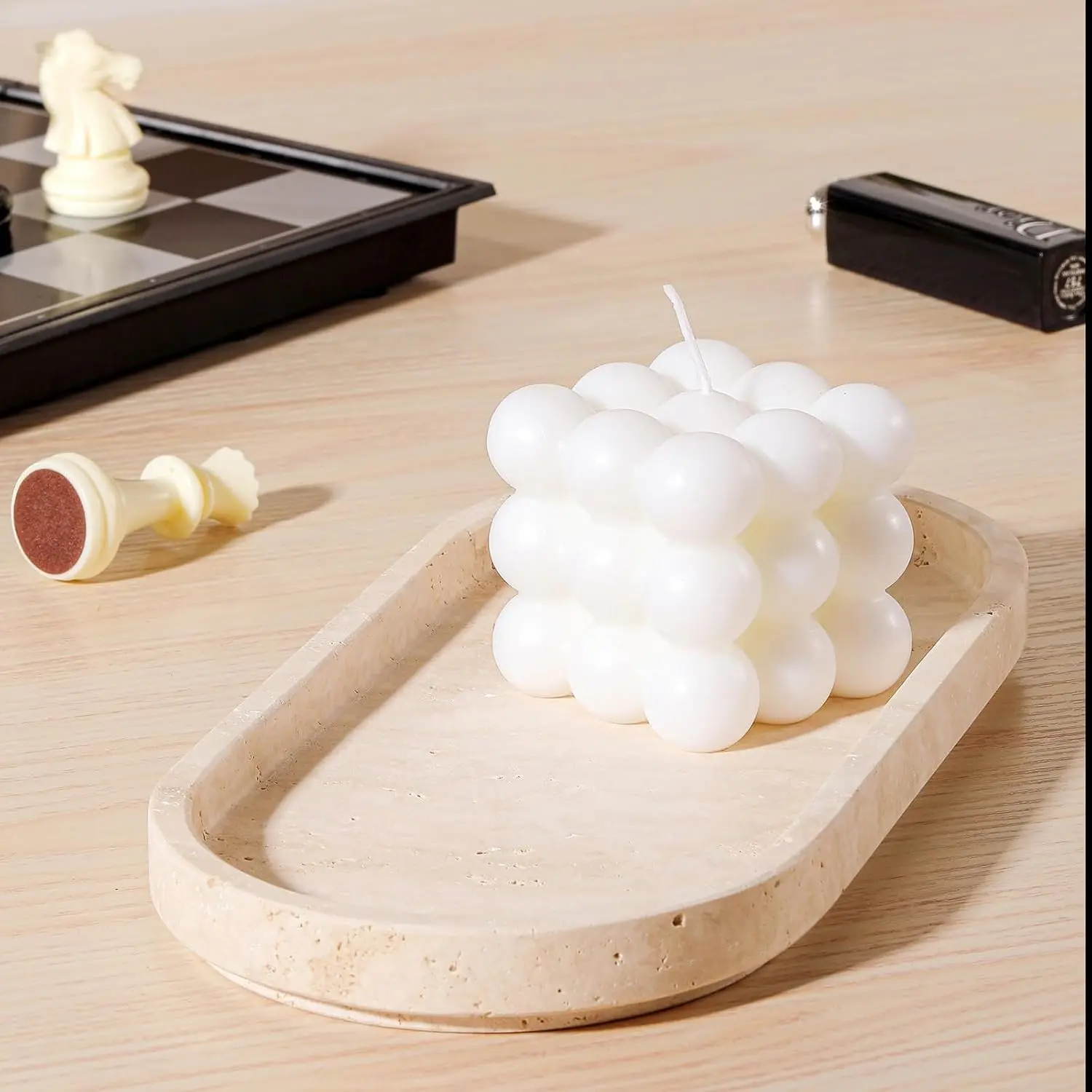 ST DF SK Natural Travertine Oval - 10x5 Inch Bathroom and Vanity Marble Small Tray for Soap Bottle, Perfume, Aromatherapy and Jewelry Accessories - Countertop Tray with Non-Slip Raised Base