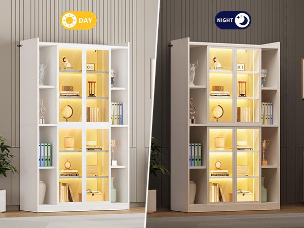 SEDETA Display Cabinet with Glass Doors, 6 Tier Tall Bookcase with LED Lights, Curio Cabinet with Adjustable Shelves, 64" Display Cases for Collectibles, Bedroom, Living Room, Office