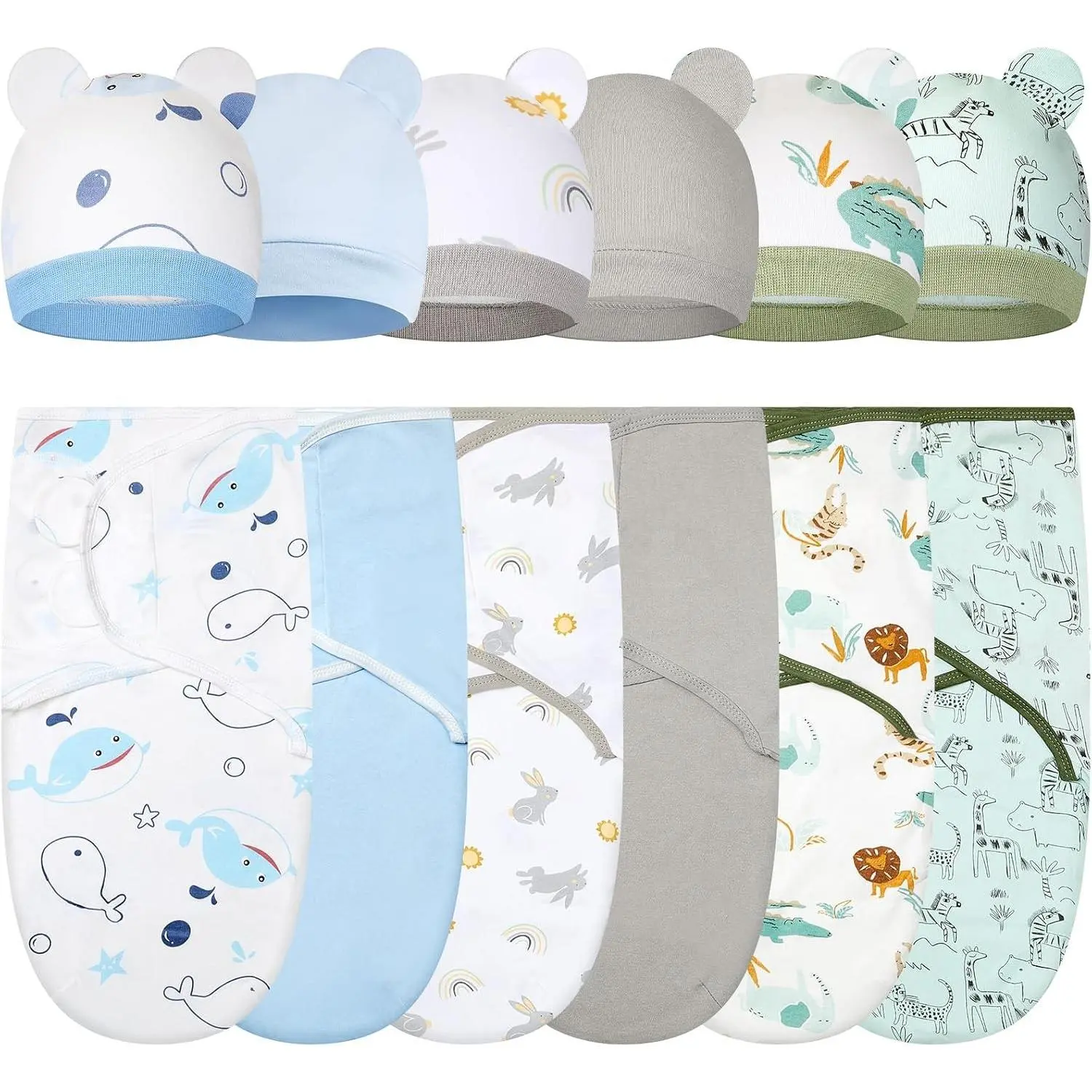 6 Pack 100% Cotton Swaddle Blanket with Hats for Baby Girl Boy 0-3 Months, Adjustable Breathable Skin Friendly Receiving Blanket Wrap, Essential for Newborns