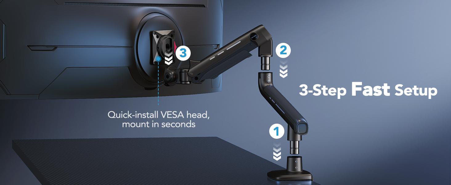 HUANUO RGB/Non-RGB Monitor Arm for Ultrawide Screens up to 57″/49'', Heavy-Duty Single Mount Holds 44 lbs, Fully Adjustable Gaming Monitor Arm with C-Clamp & Grommet Base, Max VESA 100 x 100mm