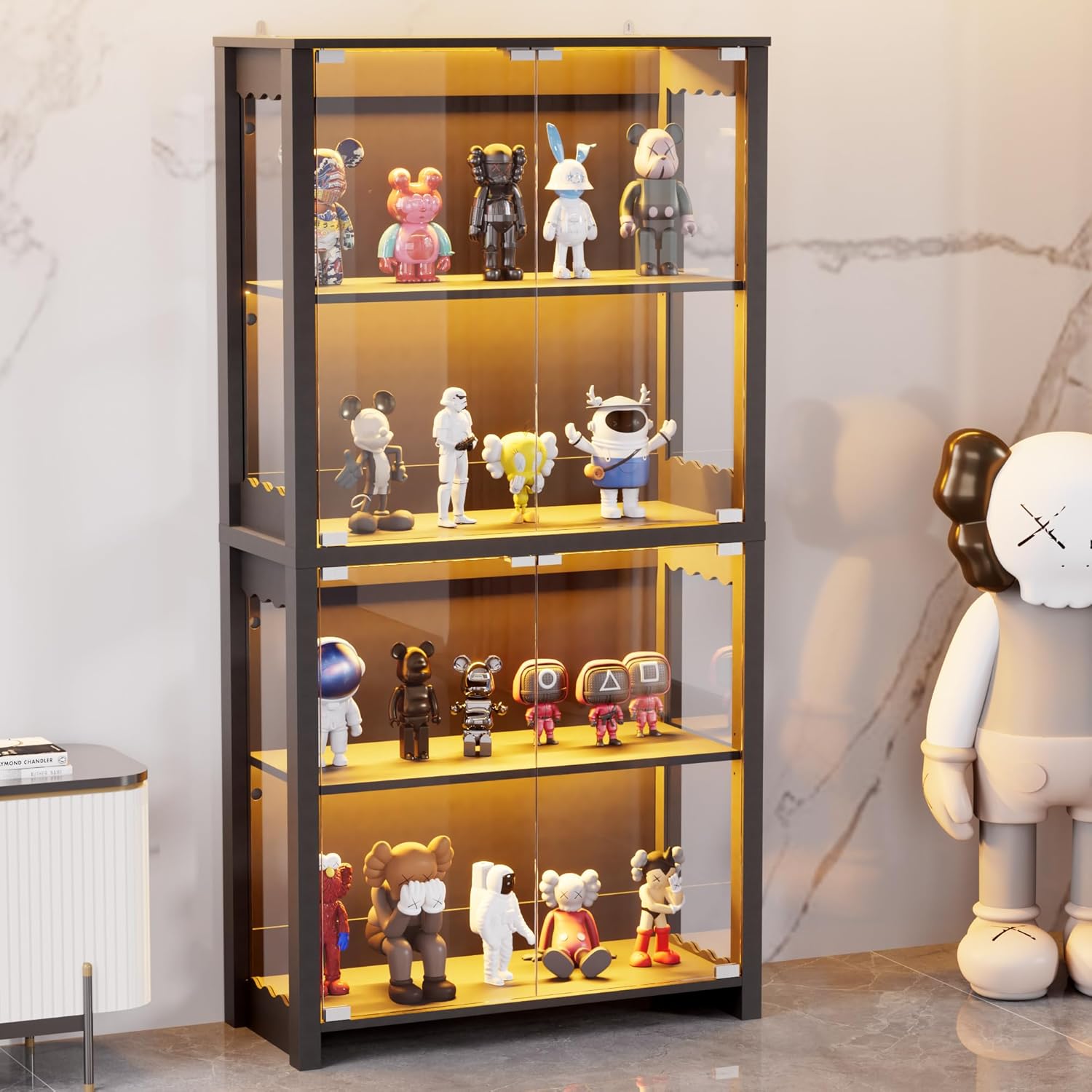 Display Cabinet with Glass Doors, 63” 4-Tier Wood Display Case with RGB Lights for Collectibles, Tall Curio Cabinet Anti-Tipping with Adjustable Shelves, Storage Cabinets for Living Room