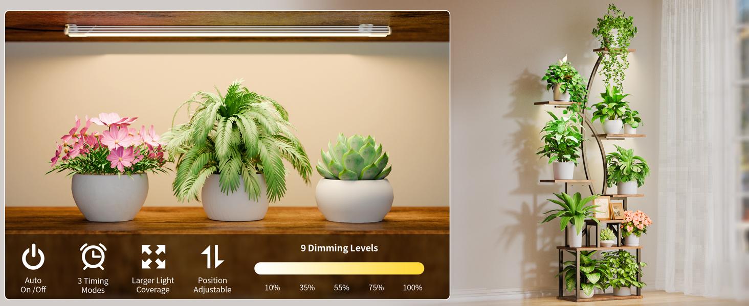 Artistic Plant Stand with Adjustable Grow Light,Baking Paint Waterproof Metal Flower Rack Organizer,Standing Storage Display Shelf, Wall Installation for Decoration