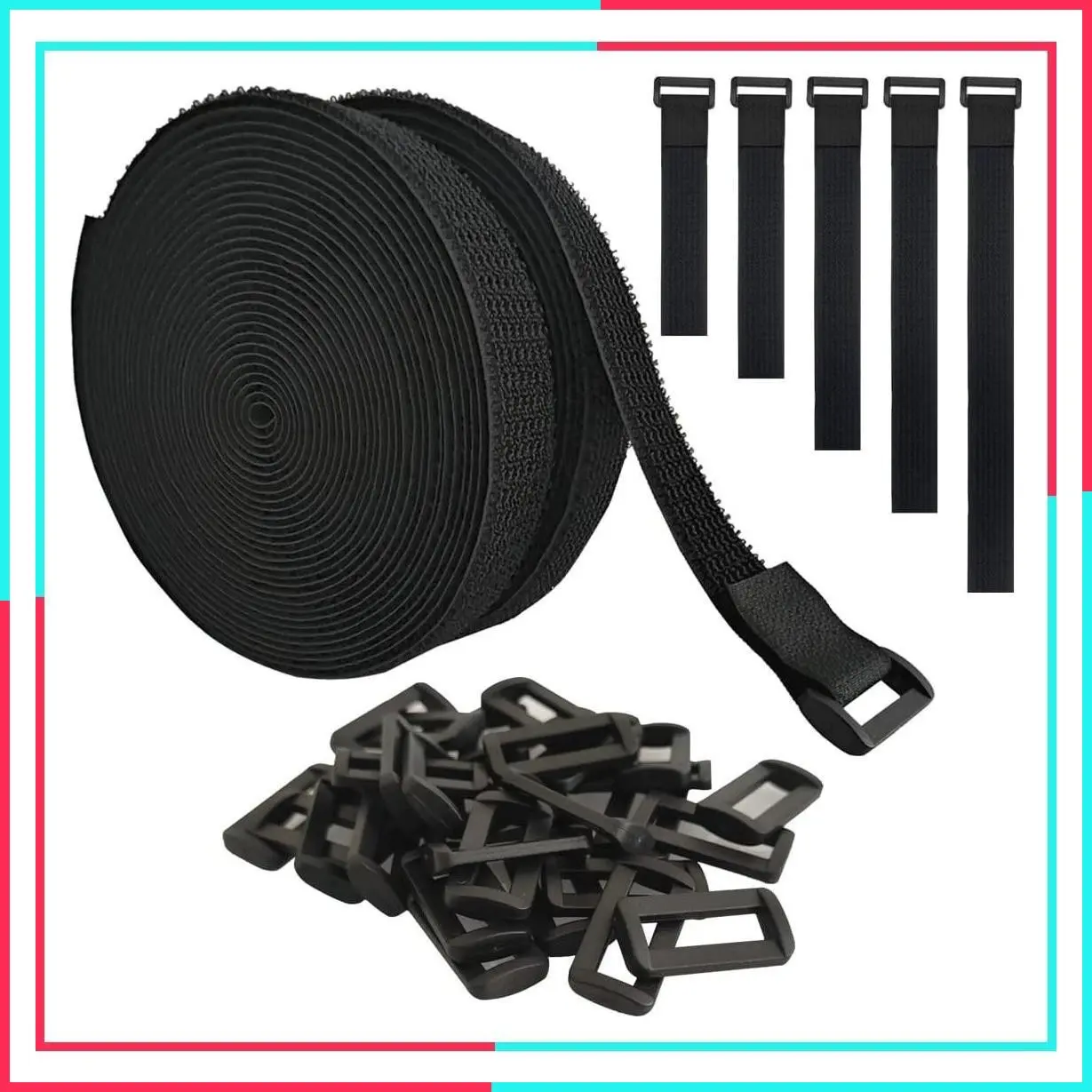 40ft Hook and Loop Straps with 60 Buckles, Adjustable Reusable Cable Straps, Cut-to-Length Nylon Cinch Straps