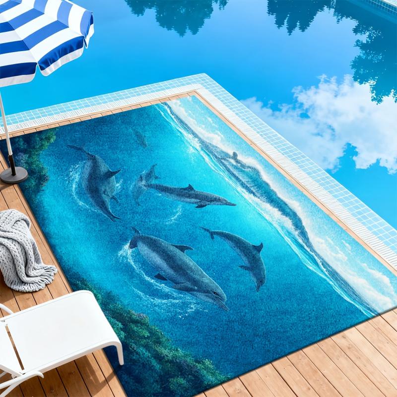 Super Soft Imitation Cashmere Dolphin Pattern Rug Ocean Fresh 2D Print Cozy Plush Non Slip Machine Washable Durable Floor Mat Perfect For Living Room Entryway Bedroom Yard Patio Balcony Pool Garage Indoor Outdoor Home Decor bathroom set non-slip shower