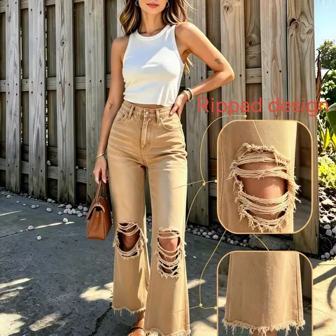 Women's Distressed Denim Flare Pants, Casual Flare Leg, Trouser, Womenswear, No Stretch Color Fabric, Casual Fashion Jeans, Comfortable and Stylish, Perfect for Everyday Wear Fit
