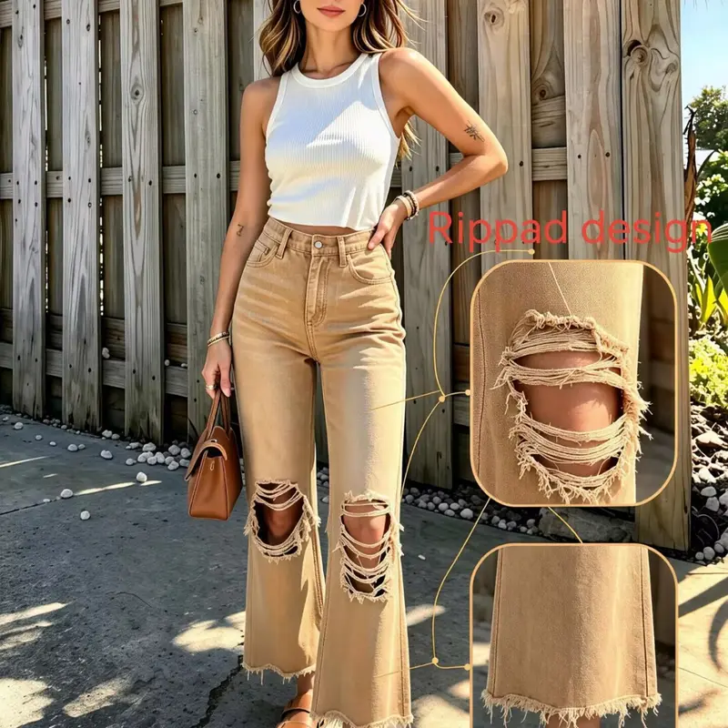 Women's Distressed Denim Flare Pants, Casual Flare Leg, Trouser, Womenswear, No Stretch Color Fabric, Casual Fashion Jeans, Comfortable and Stylish, Perfect for Everyday Wear Fit